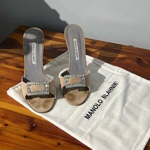 Vintage Manolo Blahnik Hangisi Crystal Buckle Suede Mule Sandals – Made in Italy